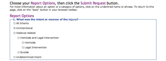 Image: Screen capture showing Report Option 1, What was the intent or manner of the injury? The option of Unintentional is selected.