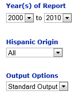 Image: Screen capture for three options: Years of Report, Hispanic Origin and Output Options. Year(s) or Report will be 2000 to 2010. The next two options have default values selected.