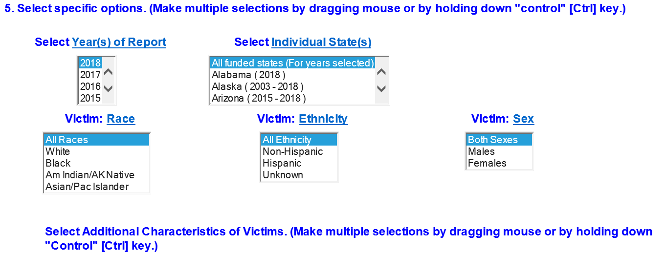 Select options including Years of Report, States, Race, Ethnicity, and Sex.
