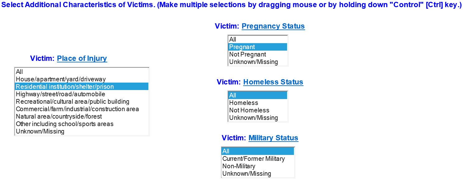 Select options in the Additional Characteristics of Victims such as House/apartment/driveway and Pregnant.