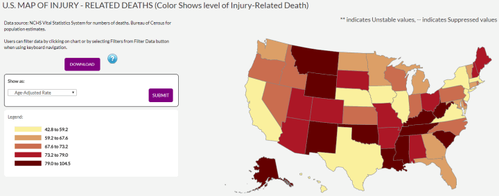 The U.S. State Map shows injury deaths rates with darker colors for states with higher death rates.