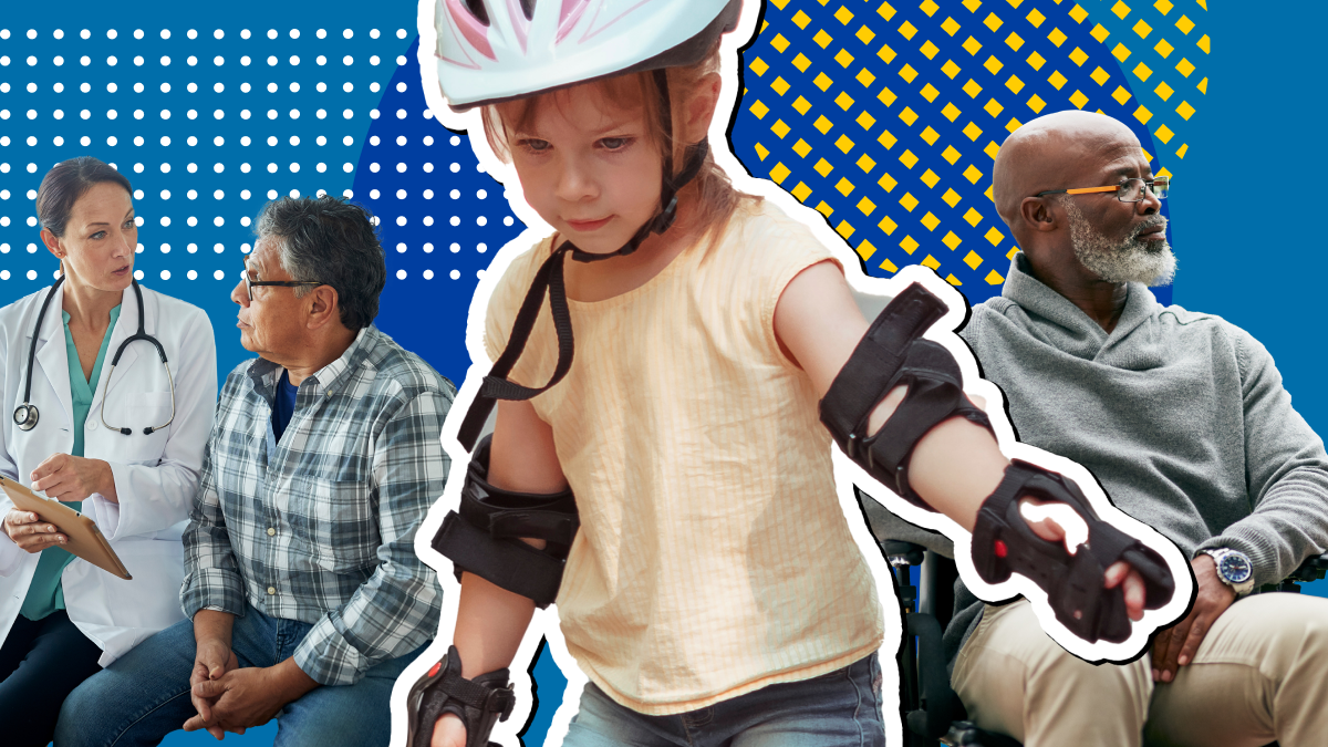 Stock photo of provider and patient, girl with helmet and padding, and man in a wheelchair.