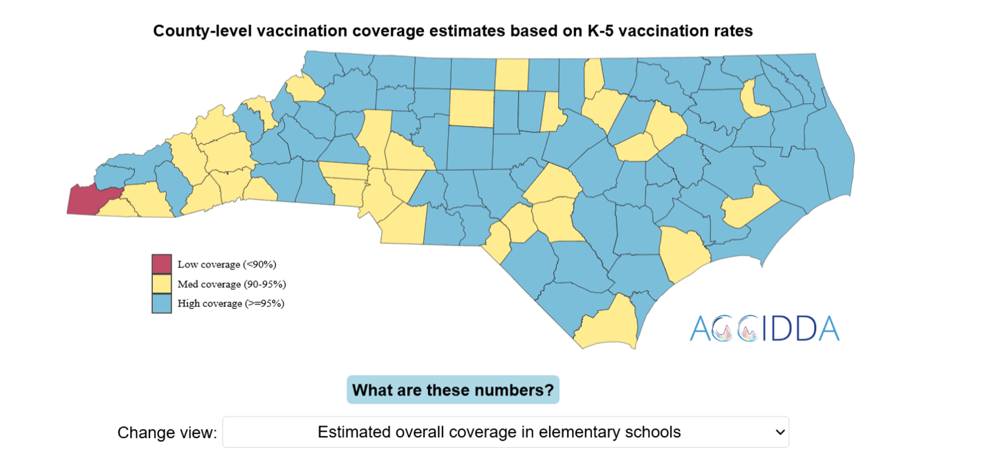 A map of North Carolina shows varying levels of K&ndash;5 measles vaccination coverage at the county level.