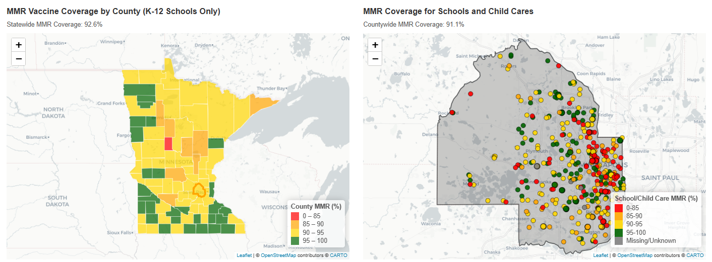 A map of Minnesota displays MMR vaccine coverage by county and for schools and childcare centers.