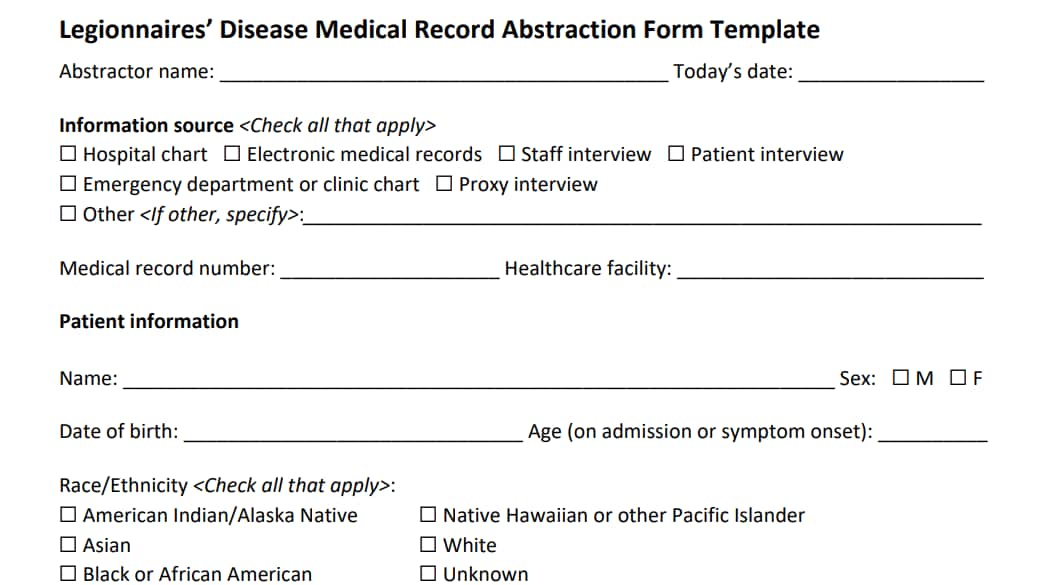Image of the first page of the medical record abstraction template.