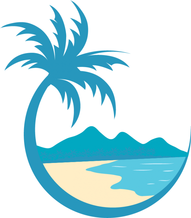 A logo showing a stylistic palm tree wrapped around an image of a beach with mountains in the background