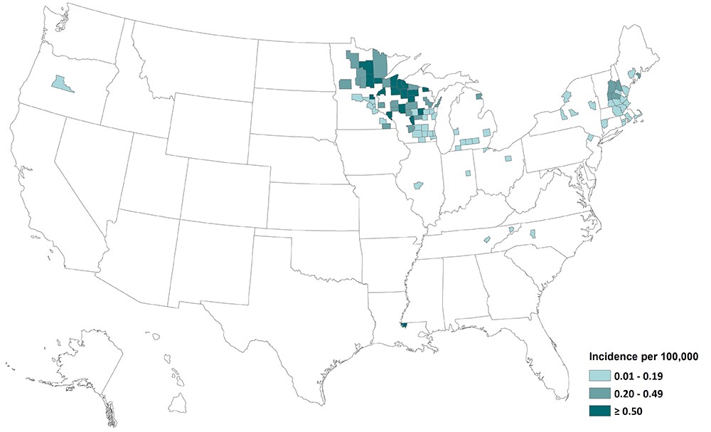 Map of the United States showing the distribution of Jamestown Canyon virus neuroinvasive disease. Cases are concentrated in the Great Lakes region.