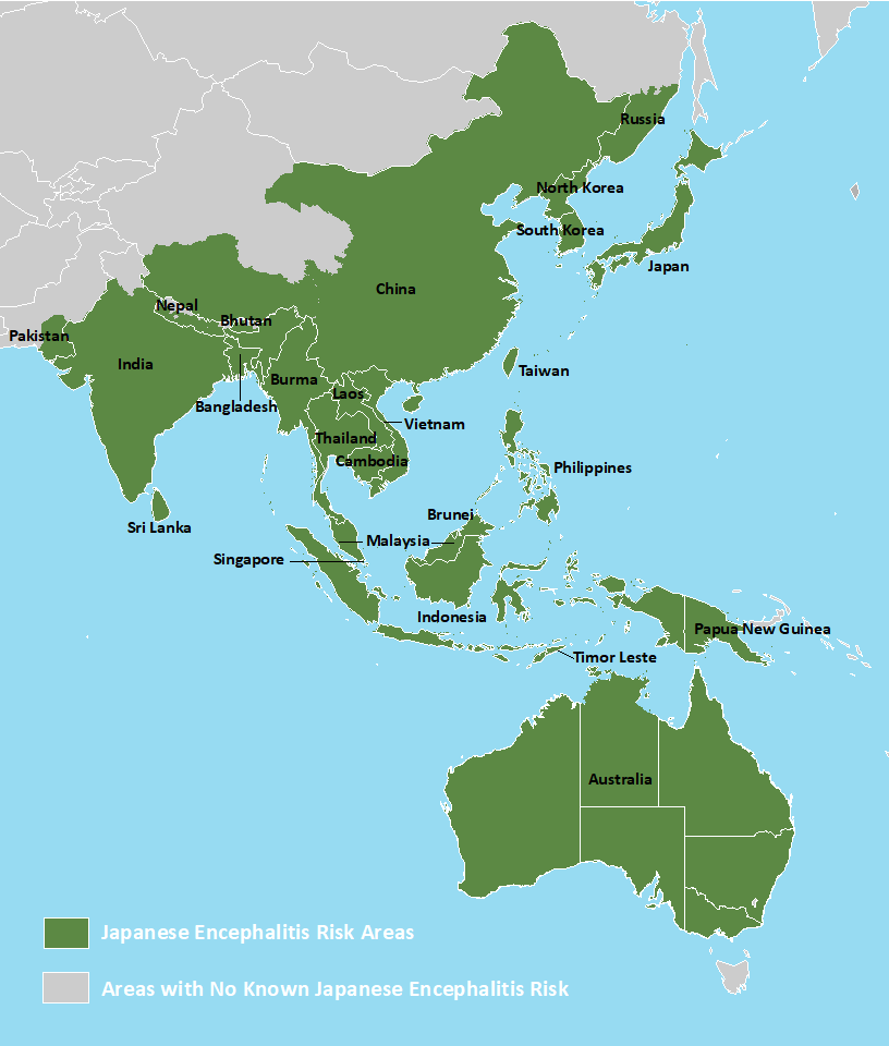 Map highlighting countries with japanese encephalitis risk. See following section for list.