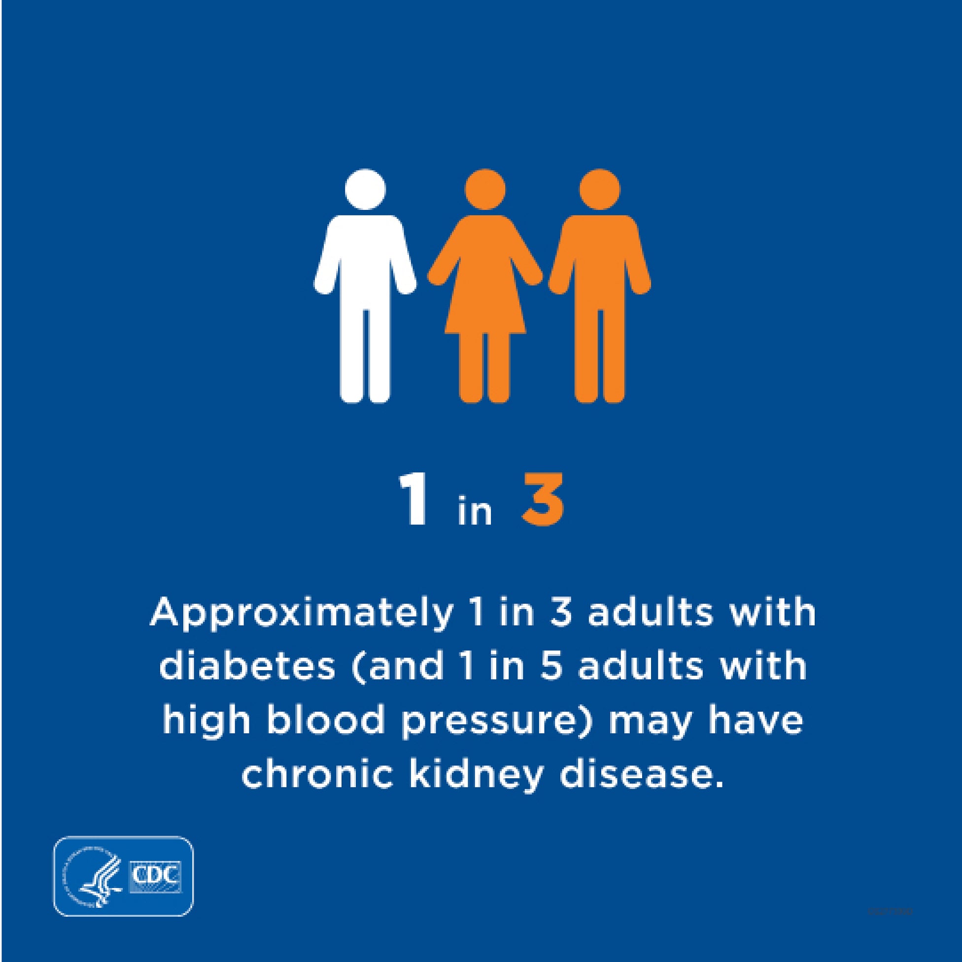 Approximately 1 in 3 adults with diabetes (and 1 in 5 adults with high blood pressure) may have chronic kidney disease.