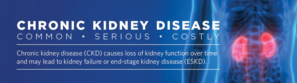 Chronic Kidney Disease: Common, Serious, Costly. Chronic kidney disease (CKD) causes loss of kidney function over time and may lead to kidney failure or end-stage kidney disease (ESKD).