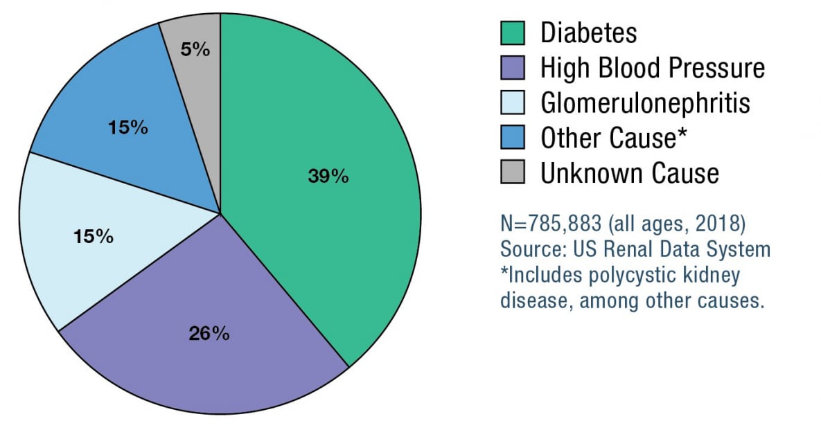 For n=785,883 39% have diabetes, 26% high blood pressure, 15% Glomerulonephritis, 15% other cause, and 5% unknown cause