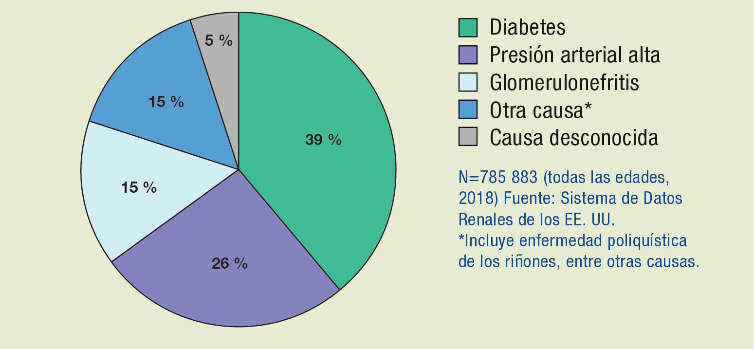 Para n = 785,883 39% tiene diabetes, 26% presión arterial alta, 15% glomerulonefritis, 15% otra causa y 5% causa desconocida
