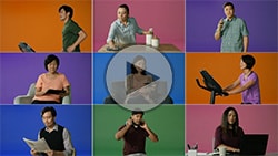 A 3 by 3 grid of video clips of individuals performing simple tasks