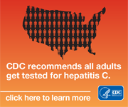 Outline of United States filled with human figures. Text reads, "CDC recommends all adults get tested for hepatitis C. click here to learn more". HHS-CDC log is in lower right corner.