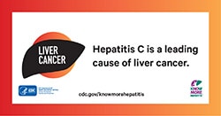 Form of a liver with Live Cancer text. Text reads, "Hepatitis C is a leading cause of liver cancer. CDC.gov/KnowMoreHepatitis." Logos for HHS-CDC and campaign are in the lower corners.