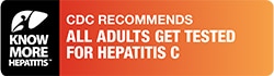 Logo for Know More Hepatitis campaign on a left-side bar. The reast reads, "CDC recomments all adults get tested for hepatitis C".