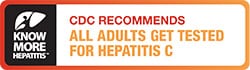 Logo for Know More Hepatitis campaign on a left-side bar. The reast reads, "CDC recommends all adults get tested for hepatitis C".