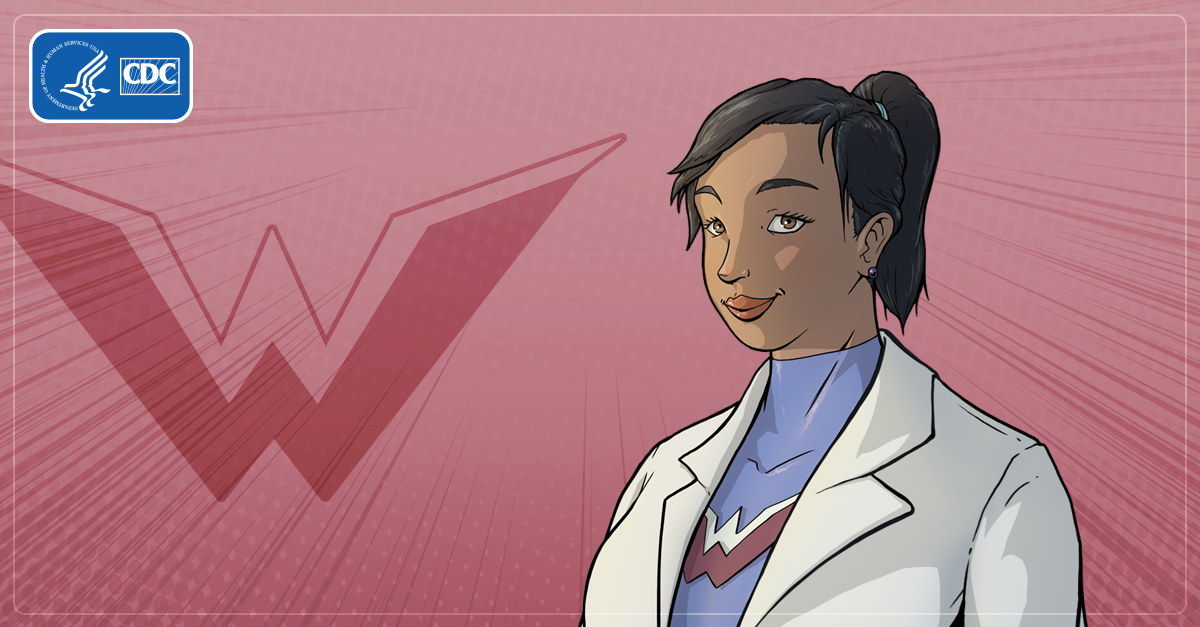 MLPW2019_Heroes_Workforce_1200x627 Artwork of female superhero wearing a lab coat and the letter "W" on shirt.