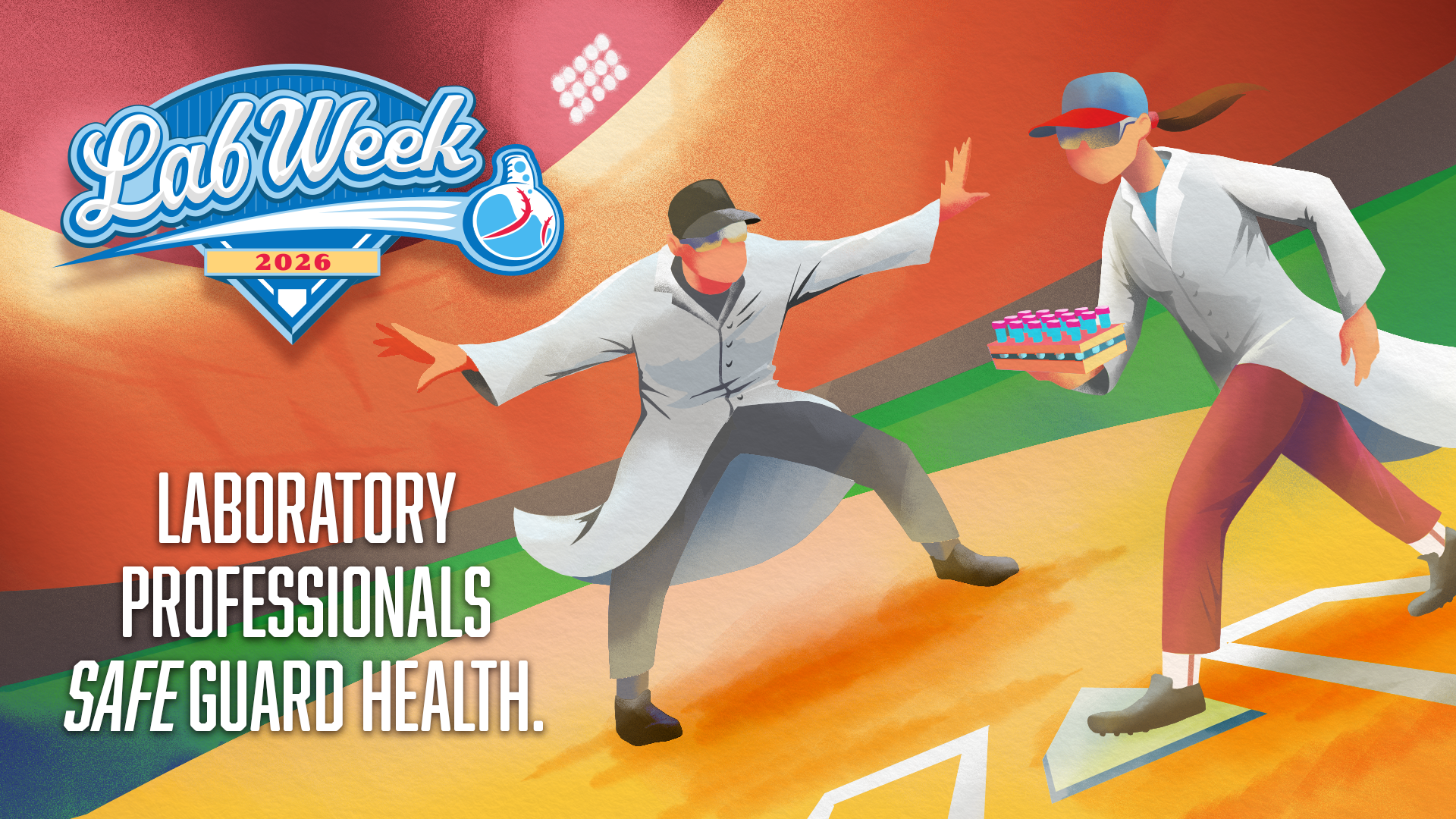 A laboratory professional carrying test tubes gently across home plate while the umpire signals “safe”