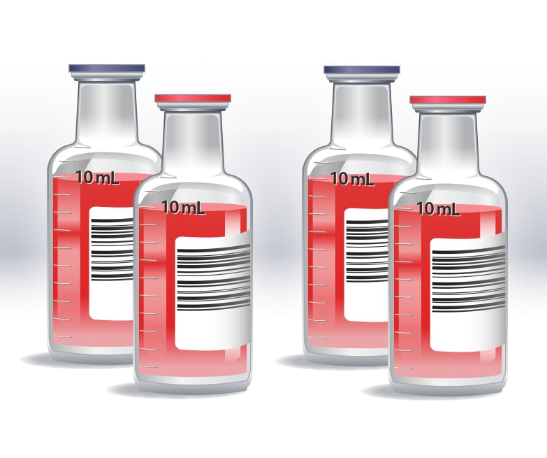 Representation of two blood culture sets with an aerobic and anaerobic bottle in each set, showing 10 mL of blood collected in each bottle for a total volume of 40 mL.