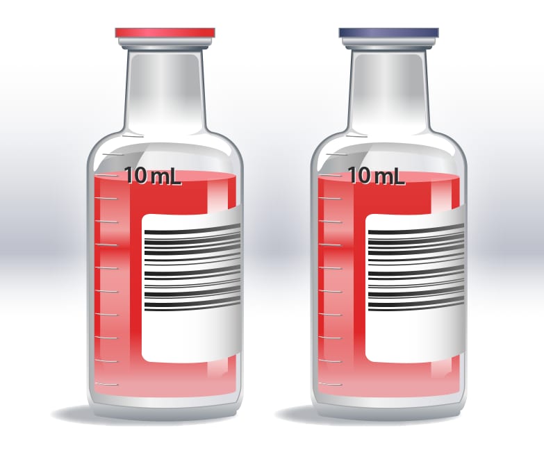 Representation of a single-set collection with one aerobic and one anaerobic bottle, showing 10 mL of blood collected in each bottle for a total volume of 20 mL.