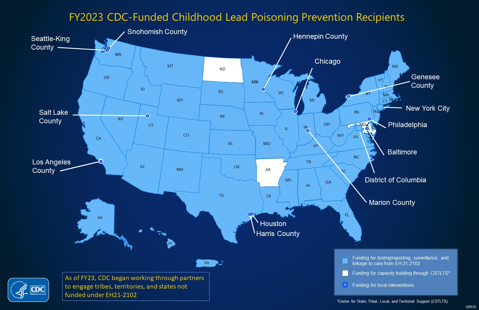 Map of CDC-funded childhood lead poisoning prevention recipients.