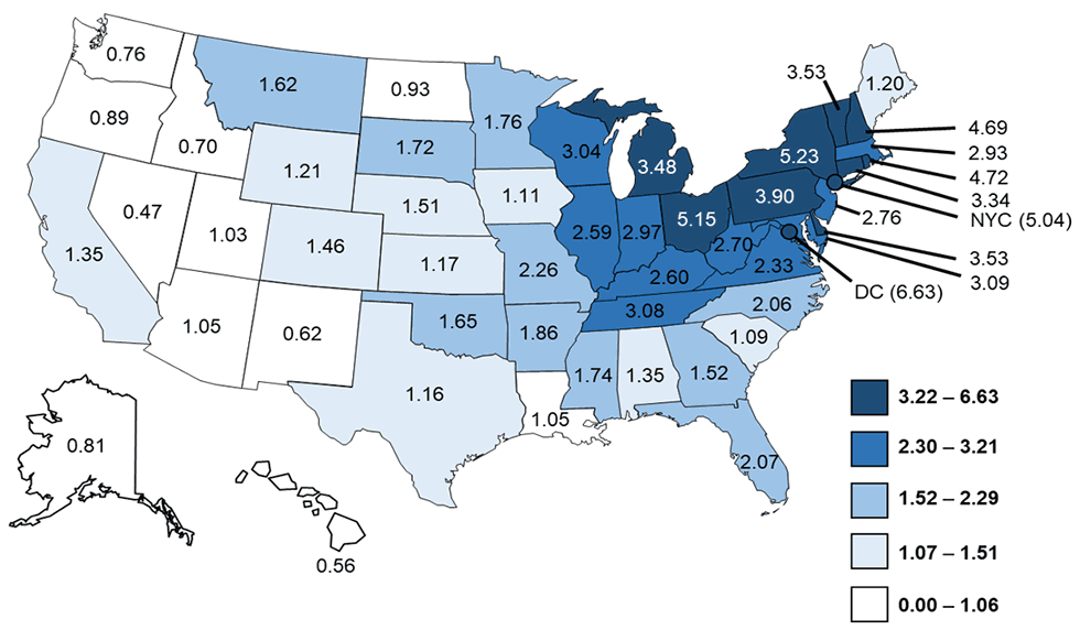 Figure 3b: Crude incidence rates of reported confirmed cases of Legionnaires’ disease by  jurisdiction of residence—NNDSS, United States, 2017.