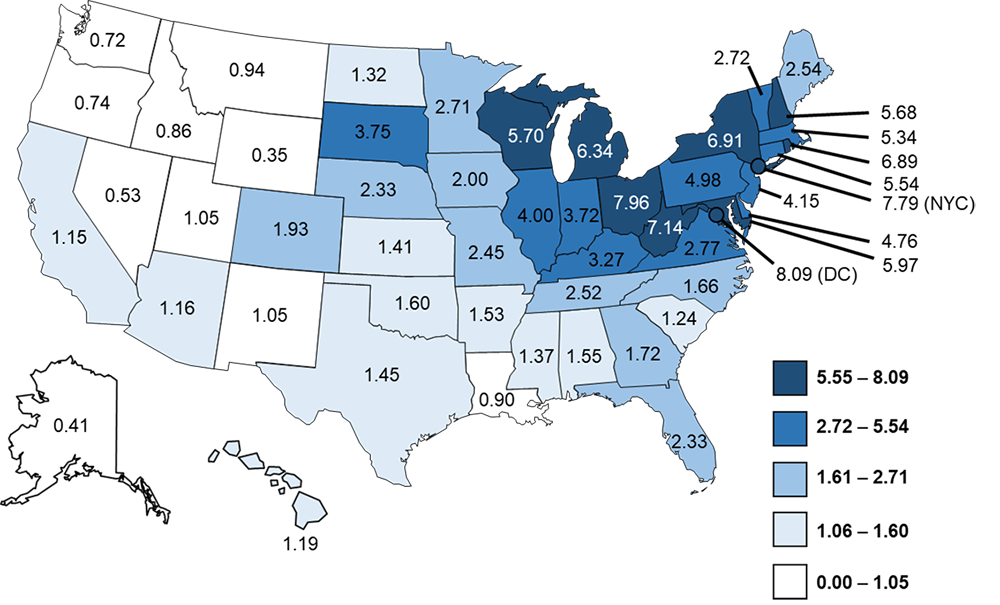 Figure 3a. Crude incidencea rates of reported confirmed cases of Legionnaires’ disease by jurisdiction of residence—NNDSS, United States, 2018