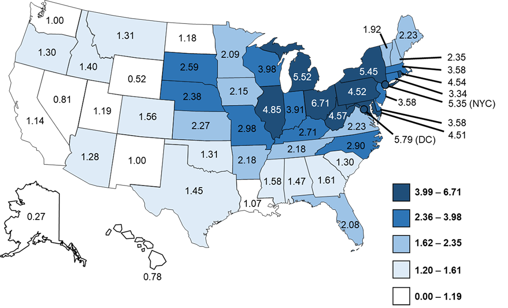 Figure 3b. Crude incidence rates of reported confirmed cases of Legionnaires’ disease by jurisdiction of residence—NNDSS, United States, 2019