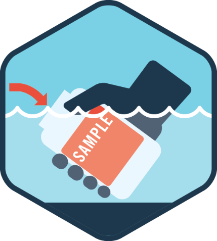Illustration of a hand holding a sample bottle under water