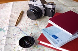 map, camera, notebook