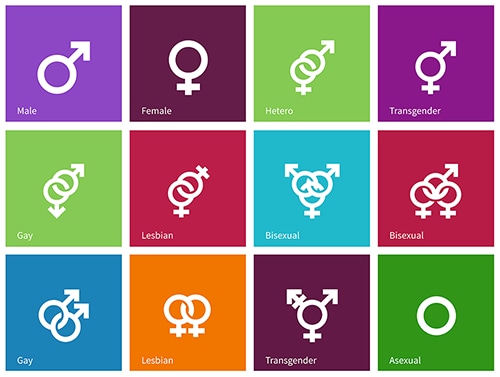 A grid of gender identity icons for male, female, hetero, transgender, gay, lesbian, bisexual, and asexual.