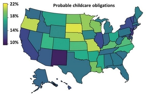 Figure 1 shows estimated percentage of HCWs with unmet childcare needs by state (for children aged 3–12 years).