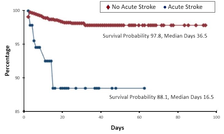 Kaplan Meier Survival Curve: Percentage of COVID-19 cases alive following COVID-19 diagnosis stratified by patients with acute stroke and no stroke
