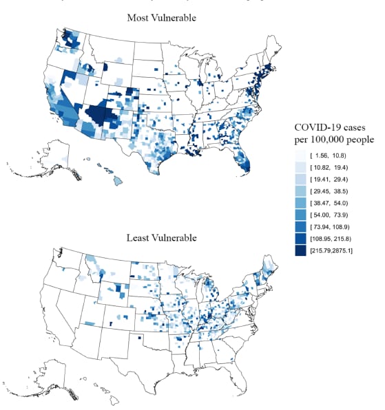 The most vulnerable quartile of counties (n = 706, top map) and the least vulnerable quartile of counties (n = 625, bottom map), as indicated by the minority status and language domain of the U.S. Centers for Disease Control’s Social Vulnerability Index.