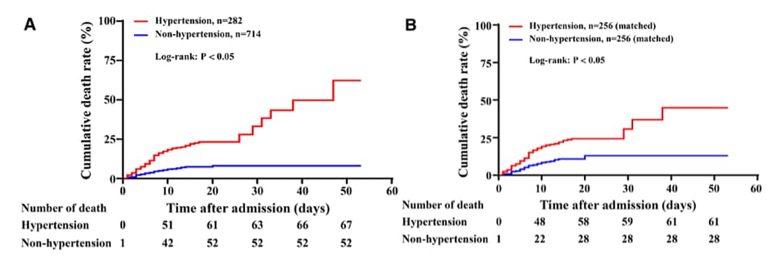 Comparison of the time-dependent risks for death in patients with or without hypertension. (A) Comparison before propensity score matching; (B) Comparison after matching.