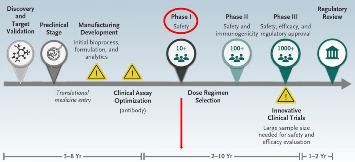 This figure shows the timeline for the traditional vaccine development pathway. As shown in the figure, the timeline to get through a phase 1 safety trial typically takes 3 to 9 years, as indicated in red.