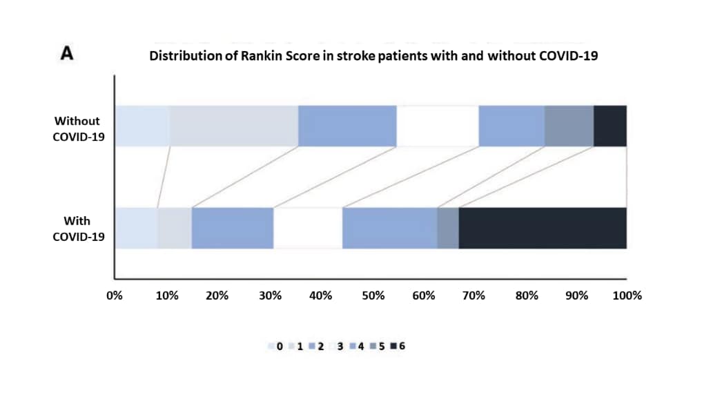 Distribution of the Rankin score in matched stroke patients with COVID-19 and patients without COVID-19.