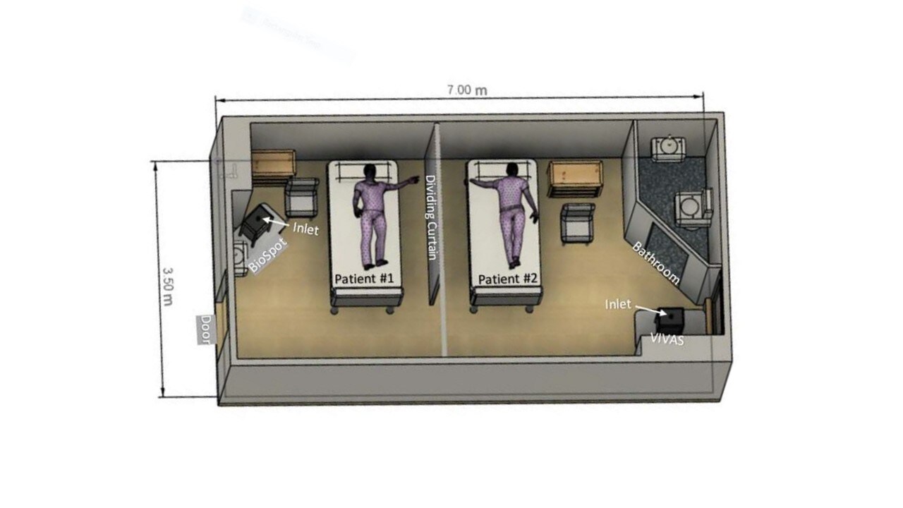Schematic diagram of room with patient bed and BioSpot and VIVAS air-sampler locations