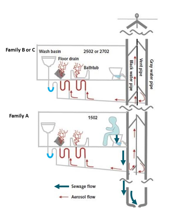 Suggested flow for sewage (thick arrows) and aerosols (thin arrows) through the drainage system. After toilet flushing, aerosols pass through U-trap with dried out water seals under floor and bathtub drains (but not through U-traps with water), and gas plumes containing bioaerosols escape into master bathrooms of vertically aligned apartments.