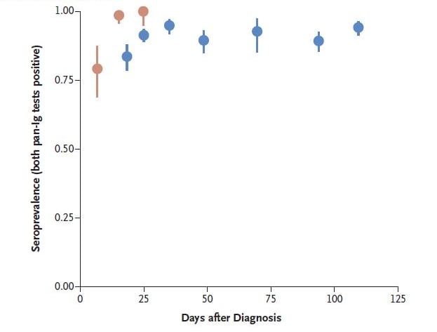 Figure showing seroprevalence estimates post SARS-CoV-2 diagnosis in hospitalized patients and recovered people