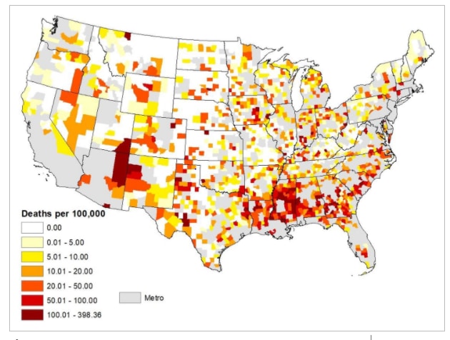 COVID-19 mortality rates (deaths per 100,000 persons) in non-metro counties.