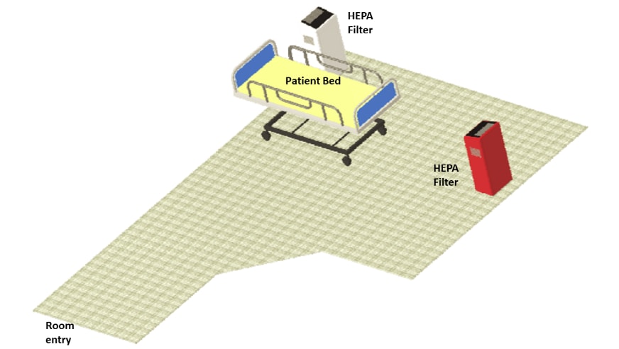 Rendering of patient room with HEPA filters