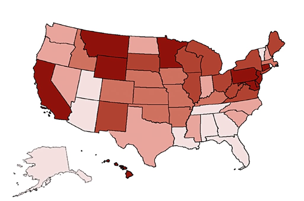 Map showing change in total outpatient care visits by state January 1 to June 16, 2020, color-coded by quintile of change in total visits from lowest percentage change to highest percentage change.