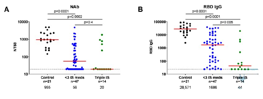 Graphs showing neutralizing antibody titers and receptor binding domain IgG titers