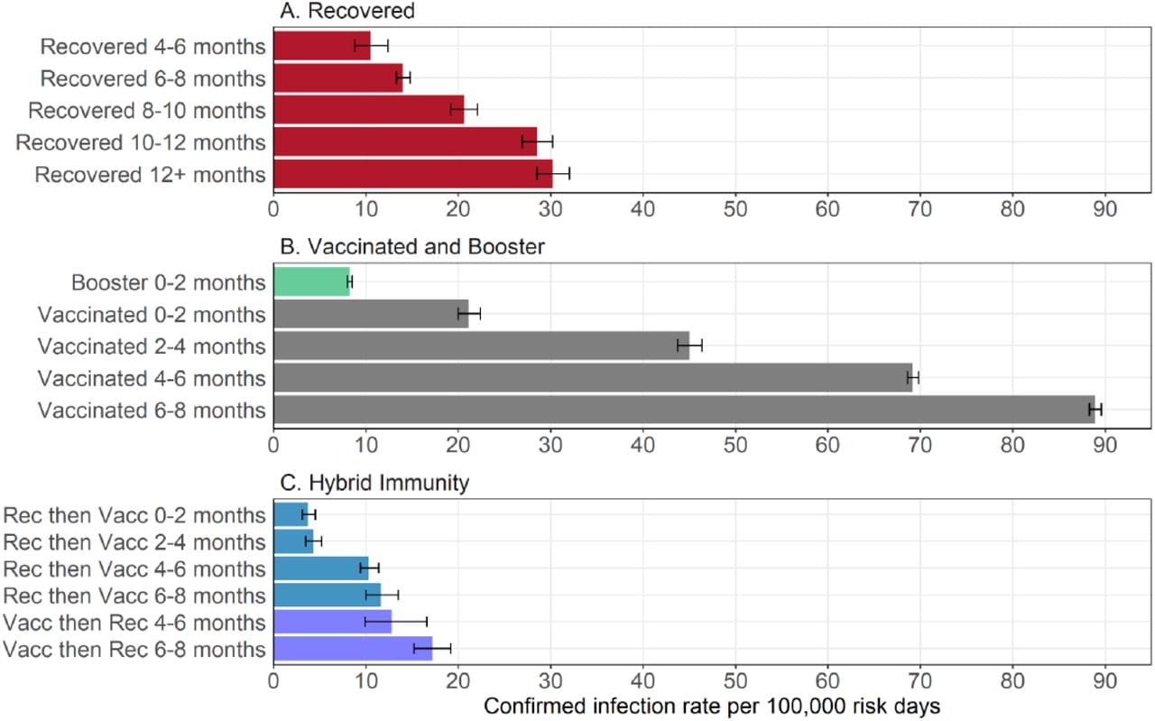 Bar charts showing estimated covariate-adjusted rates of confirmed SARS-CoV-2 infections