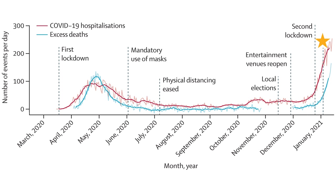 Graph of COVID-19 hospitalizations and excess deaths since March 2020 in Manaus, Brazil.