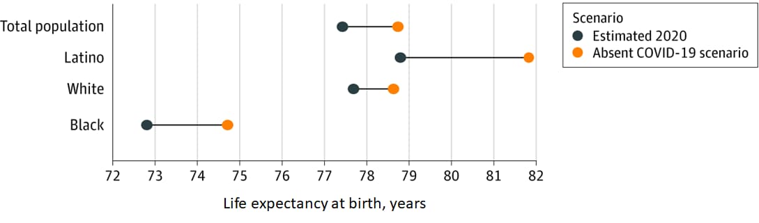 Graph showing US life expectancy at birth by race and ethnicity
