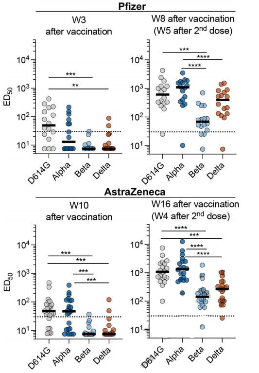 Charts showing neutralizing activity of variants to sera from people vaccinated with Pfizer and AstraZeneca vaccines