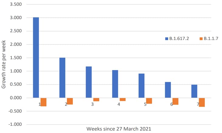 Bar chart showing estimated growth rates for B.1.617.2 and B.1.1.7 strains